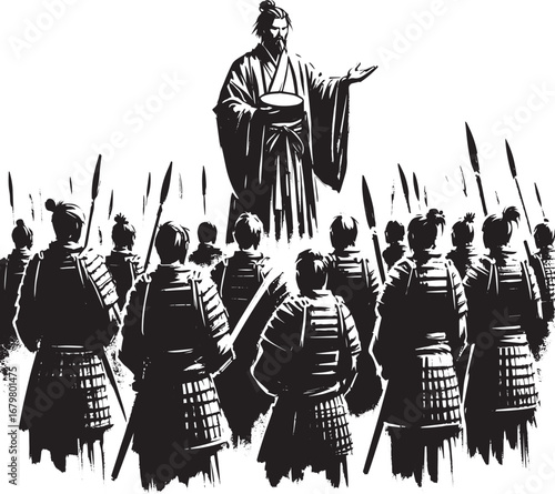 Sumi-e illustration depicting a leader blessing warriors in mini