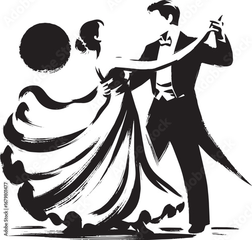 Elegant Wedding Dance Illustration in Sumi-e Style with Red Sun