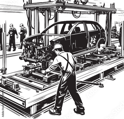Automotive assembly line: Minimalist sumi-e illustration of car