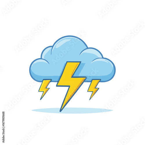Cartoon illustration of a cloud with lightning bolts. Weather icon and symbol.