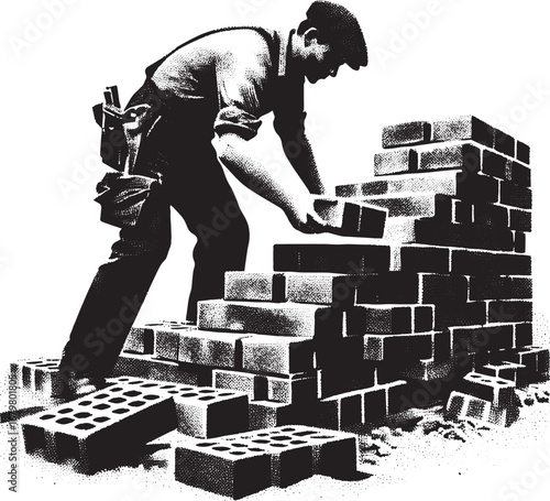 Construction worker carefully building a brick wall with precision and focused craftsmanship work