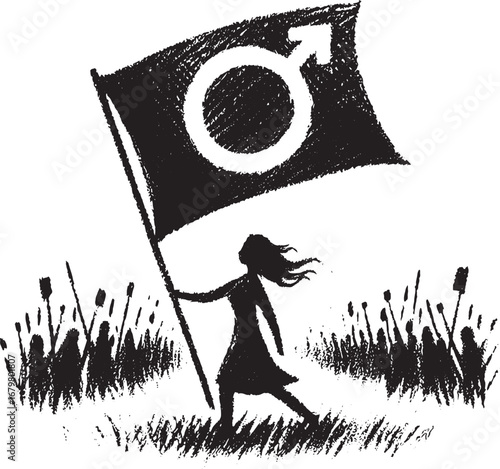Illustration of a woman leading a protest with a flag bearing the male gender symbol