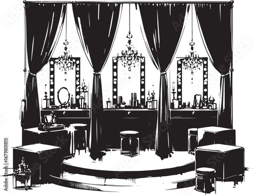 Elegant Black and White Dressing Room with Mirrors and Chandeliers Illustration