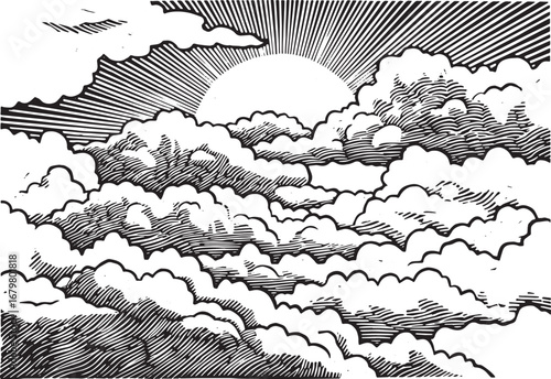 Dramatic cloudy skies and sun rendered in a striking black and w