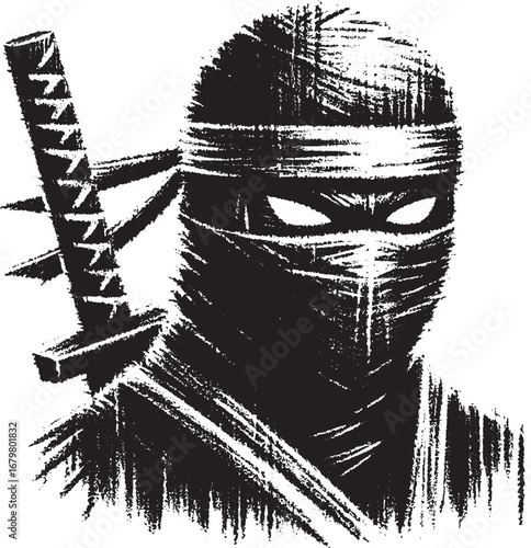 Dramatic Black and White Ninja Illustration with Katana Sword Ready for Action and Stealth