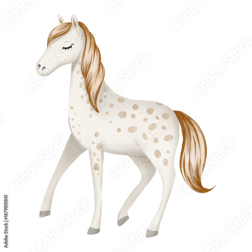 White horse with beige spots drawn in soft watercolor style. Perfect for children’s books, nursery decor, prints, and educational projects.