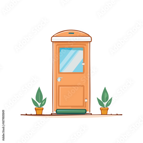 Cartoon illustration of a portable toilet with plants in pots