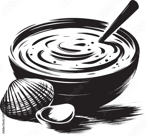 Elegant ink wash painting of clam chowder with spoon and open cl