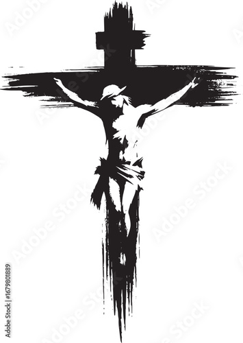 Stylized depiction of the crucifixion in a black and white sumi-
