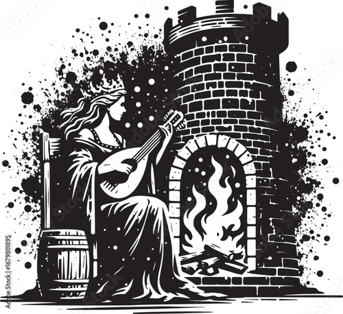A Medieval Queen Playing Lute by Fireplace in Castle Tower, Black and White Vector Art