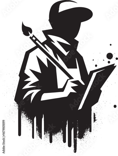 Minimalist Sumi-e Street Artist Icon with Brush Strokes and Simp