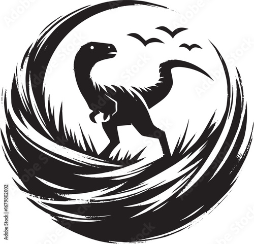 Minimalist Sumi-e Dinosaur Icon with Birds in Artistic Brush Str