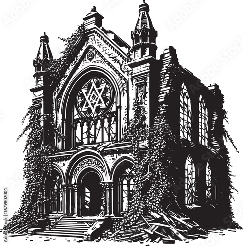 Sinister Black and White Illustration of an Abandoned Synagogue with Overgrown Vines