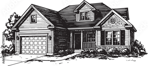 Elegant architectural black and white drawing of a single family