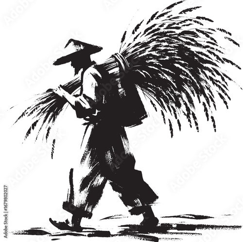 Sumi-e illustration of farmer carrying harvested rice stalks wit