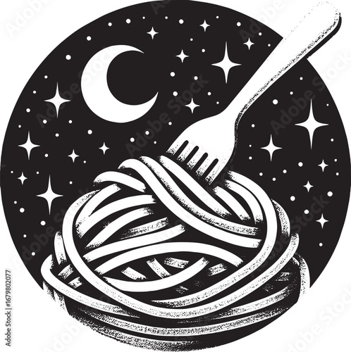 Creative Illustration of Spaghetti, Fork, Moon, and Stars in a Black and White Circle
