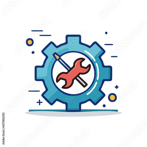 Blue gear with wrench and screwdriver symbolizing mechanical engineering and repair services