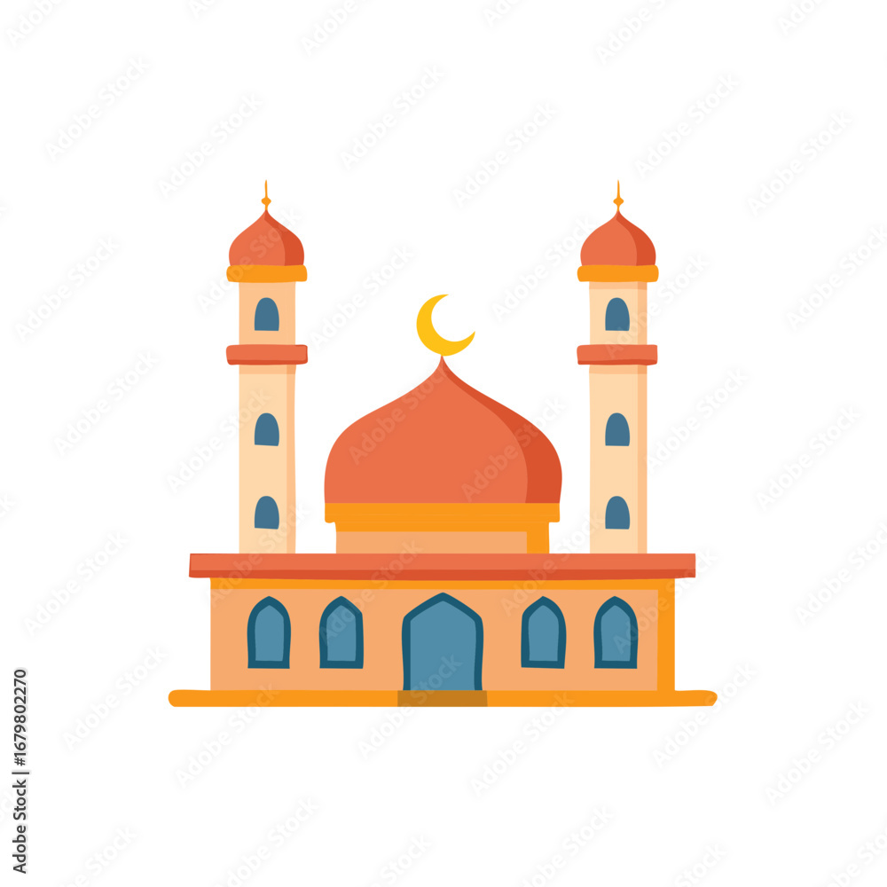 Naklejka premium Illustration of an orange Mosque with minarets and a crescent moon. Islamic building. Religious architecture for Muslim worship. Cartoon style
