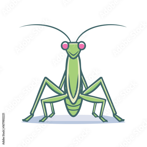 Cartoon Praying Mantis Insect with Antennae and Pink Eyes on White Isolated Background