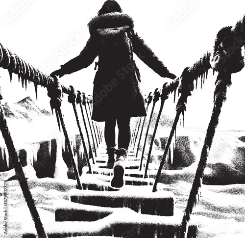 Silhouette of a Person Walking on a Snowy Suspension Bridge in a Winter Landscape Scene