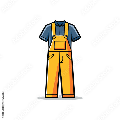 Construction worker uniform including yellow overalls and a blue short sleeve shirt