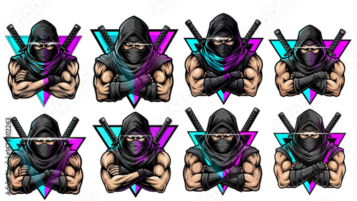 Cross-Armed Ninja Logo Set – Stealth Rogue Esports Mascot with Dual Katanas and Cyan Purple Glow Badge