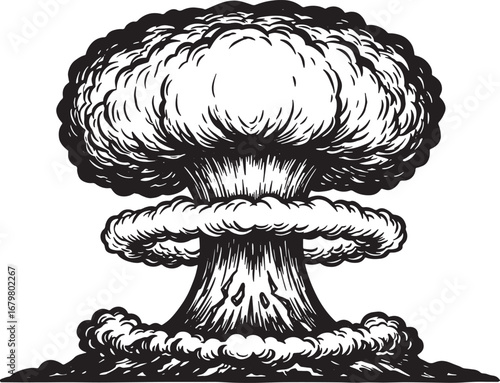 Monochrome Woodcut Style Illustration of an Erupting Mushroom Cl