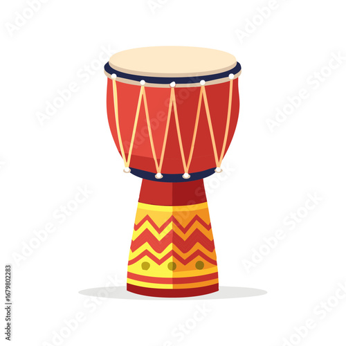 Traditional African Djembe drum with colorful ethnic patterns. Vector illustration of a folk percussion instrument.