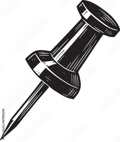 Monochrome Woodcut Style Illustration of a Push Pin for Notice B