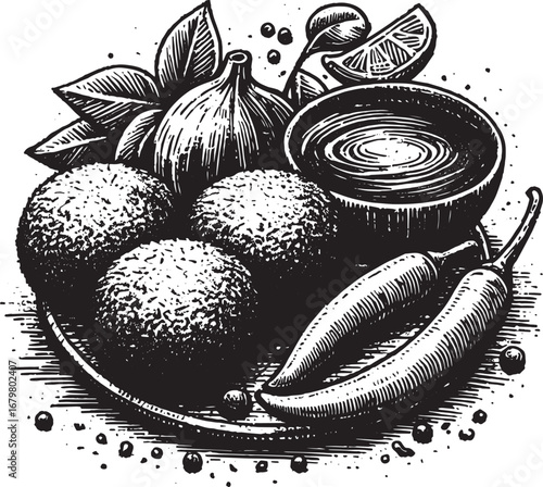 Detailed black and white illustration of a food dish featuring falafel, sauce, and chili peppers