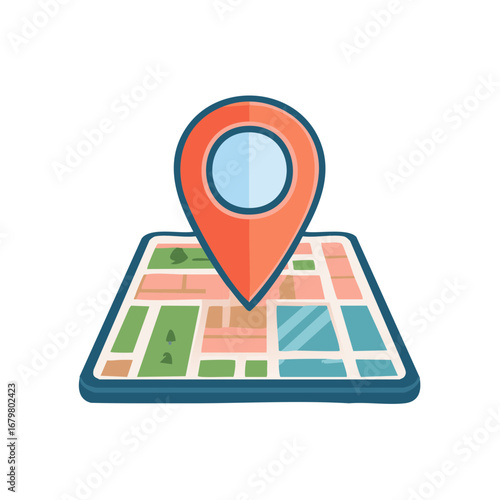 Vibrant cartoon map with a prominent red location pin, symbolizing GPS navigation and destination discovery.