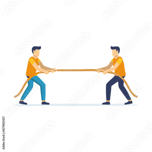 Two men pulling a rope, engaged in a tug of war, competition, or teamwork struggle.