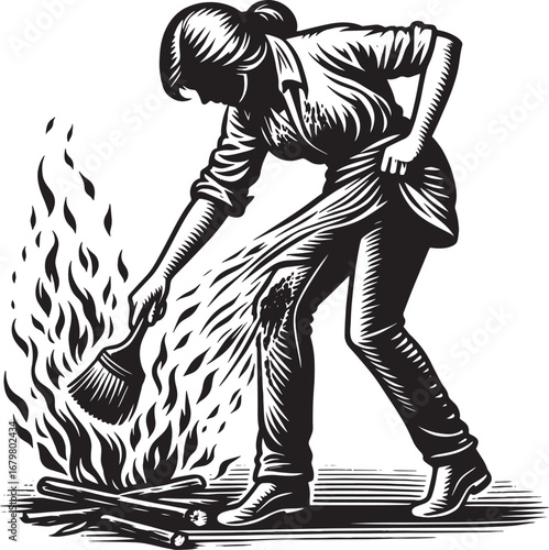 Illustration of a Woman Burning Her Skirt with Fire and a Brush, Artistic Black and White