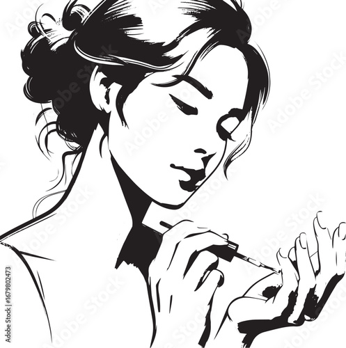 Monochrome elegance: Woman applying pastel nail polish with focu