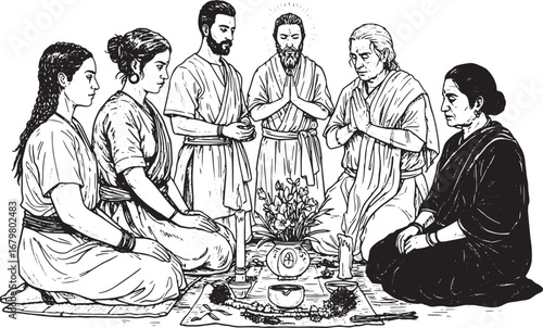 Monochrome depiction of a group participating in traditional cer