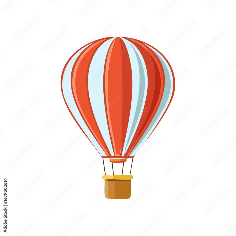 Naklejka premium Colorful hot air balloon with orange and white stripes and a brown basket for flight