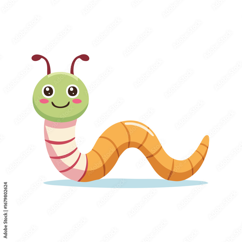 Fototapeta premium Cute cartoon worm crawling with smile and rosy cheeks illustration for children