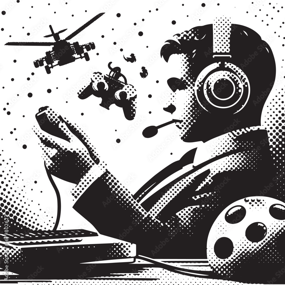 Obraz premium A Retro Gamer Immersed in a Virtual World with Controller, Helicopter, and Headset in Black and