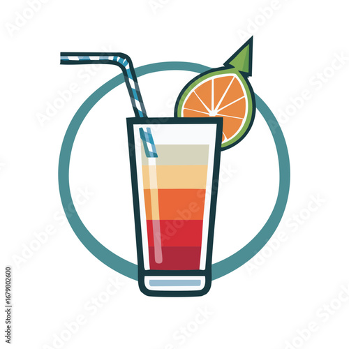 Cocktail illustration with citrus and straw in teal circle logo