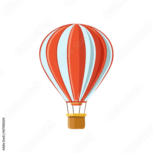 Colorful hot air balloon with orange and white stripes and a brown basket for flight