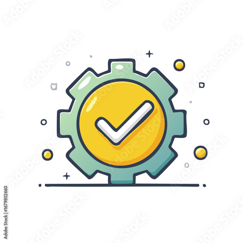 Gear with checkmark, illustration of success, verification and approved solutions