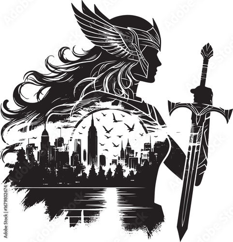 Illustration of a female warrior with a sword and a city silhouette in the background design