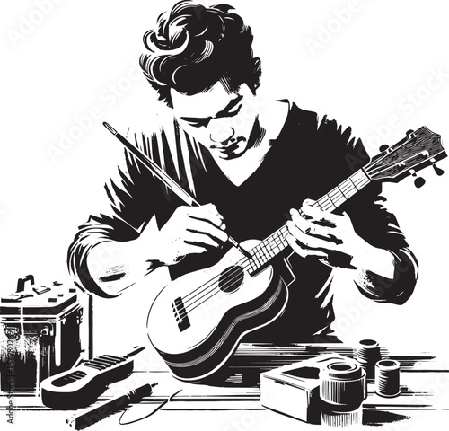 Crafting melodies: a sumi-e illustration of ukulele assembly wit