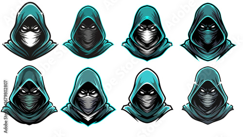 Teal Phantom Ninja Logo Set – Shadow Hooded Mascot with Scarf, Cyan Glow, and Symmetrical Design