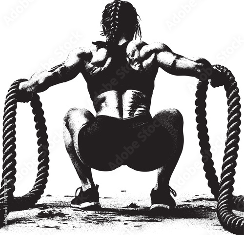 Strong Athlete Performing Rope Exercise in Squat Position Training for Endurance and Strength