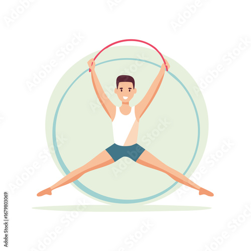 Smiling Man Does Gymnastics with Hoop, Performing Physical Activity for a Healthy Body
