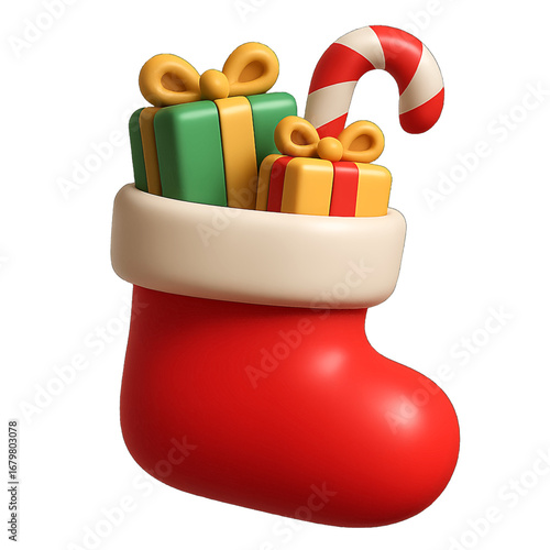 3D plastic Christmas stocking icon with gift items and hanging loop isolated on transparent background for holiday design projects