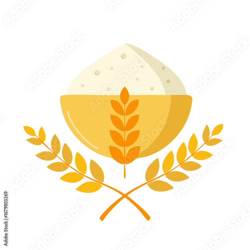 Bowl filled with flour depicted with wheat stalks in a stylized illustration for baking and cooking projects.