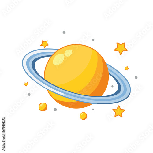 Cartoon planet with rings and stars floating in outer space illustration
