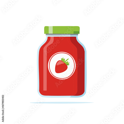 Strawberry Jam in a Glass Jar with Green Lid and Label Illustration